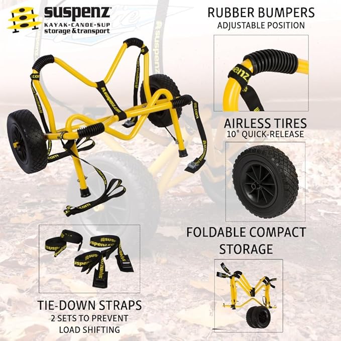 Suspenz Kayak Trailer Cart, Heavy Duty Deep-V Trolley Carrier with Airless Wheels for Kayaks and Canoes, Yellow (22-6700)