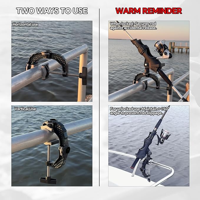 Hitorhike Fishing Rod Holder with Aluminum Alloy Base and One-Click Lock System Fits Round Square Tubes 0.59"~4.53" Enlarged Clamp Range for Boat Kayak Fishing
