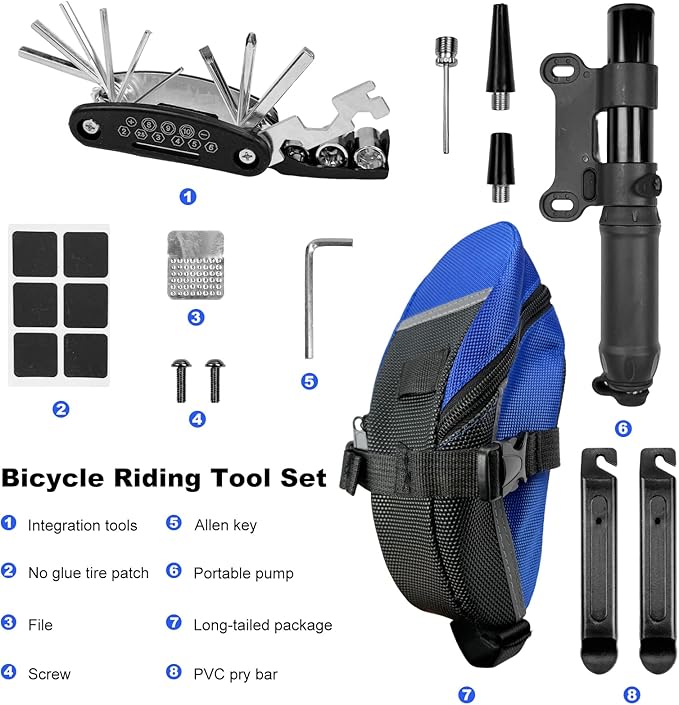 Bicycle Seat Bag Water Proof with Bike Tool Kit, Bike Repair Kit with Bike Tire Pump Blue Bicycle Repair Bag Portable Wrenches Glueless Tire Patchs 15 in 1