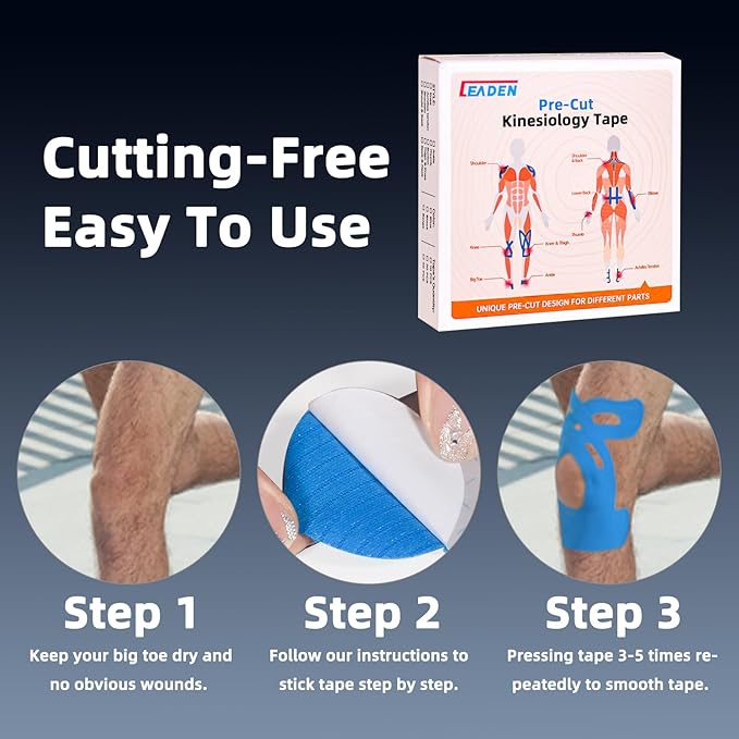IEADEN Precut Kinesiology Tape for Knees, 10 Strips - Knee Support & Stability, Knee Pain Relief Athletic Tape - Waterproof & Elastic, Breathable Hypoallergenic Latex-Free Tape, Blue