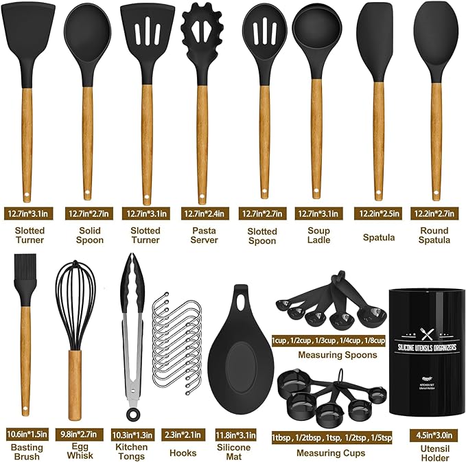 Umite Chef Kitchen Cooking Utensils Set, 33 pcs Non-Stick Silicone Cooking Kitchen Spatula Set with Holder, Wooden Handle Silicone Kitchen Gadgets Utensil Set (Black)
