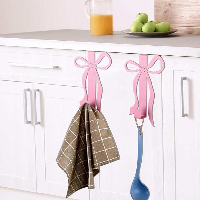 Chunful 2 Pack Bow Over The Door Hook, Metal Strong Door Hanger Hook Coquette Room Decor Bow Accessories for Cabinet Living Room Bathroom Bedroom Kitchen Hanging Clothes Towels Hats Coats Bags (Pink)