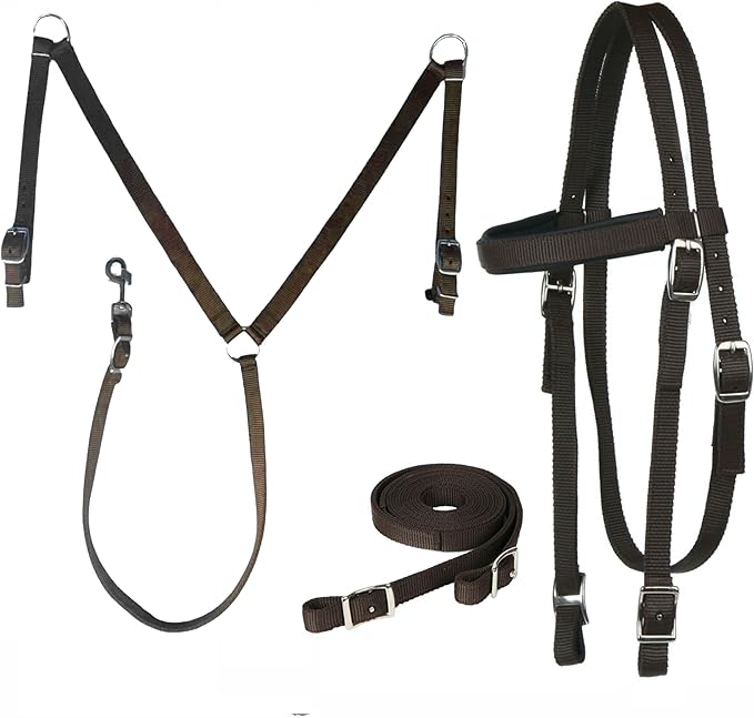 Majestic Ally Nylon Padded Equestrian Browband Headstall, Reins & BreastCollar Set for Horse- Full