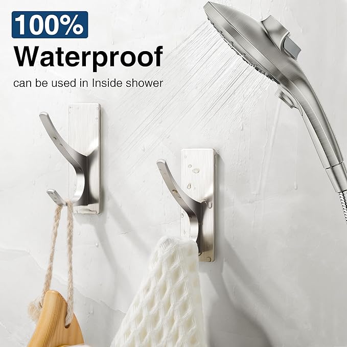 Self Adhesive Towel Hooks: Extra Strong 13LB, Stainless Hook for Hanging Loofah, Towels, Coat, Bath Robe Bathroom Shower, Brushed Nickel, 4 Pack