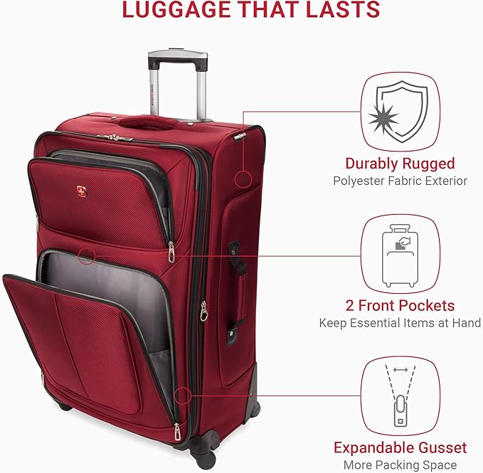 SwissGear Sion Softside Expandable Luggage – Large Checked Suitcase with 360 Degree Wheels & Retractable Handle – 29 Inch, Perfect for 7-9 Night Trips – Burgundy