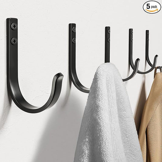 Wall Hooks for Hanging Towel/Coat - 22LB Screw in Metal Hanger Wall Mount, for Outdoor, Closet, Door, Bathrooms, for Backpack, Robe, Black 5 Pack