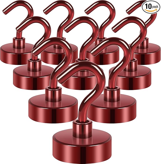 Neosmuk Magnetic Hooks, Heavy Duty 40lb+ Strong Magnet Hook for Cruise Cabins, Cruise Ship Essentials for Hanging, Metal Wall Refrigerator Hangers (Red, 10 Pack)