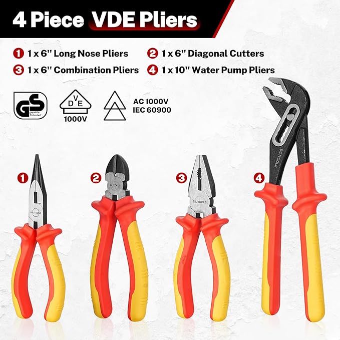 BILITOOLS Insulated Screwdriver & Pliers Set, 1000V Electrical Tools for Electrician Magnetic Phillips Slotted Pozidriv Tips