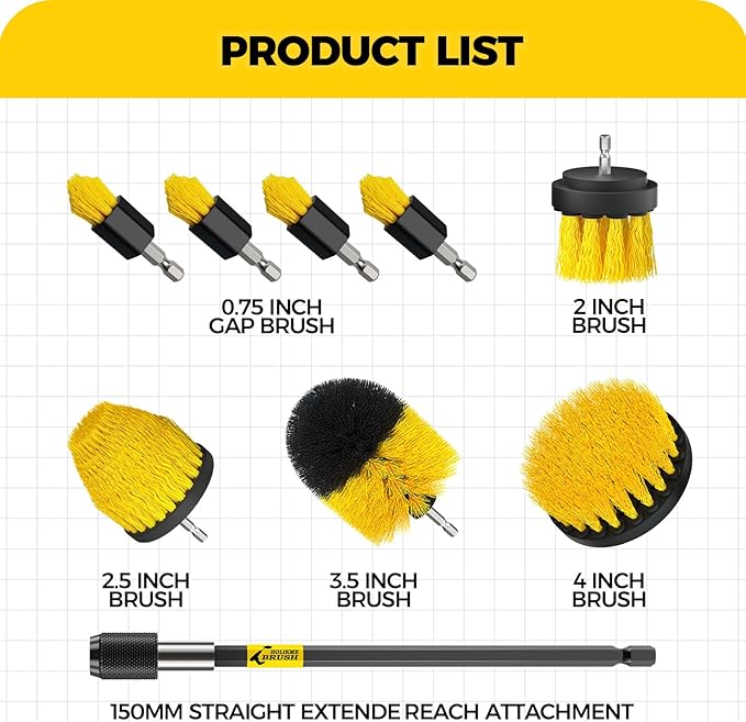 Holikme 9Pack Drill Brush ，All Purpose Drill Brush with Extend Attachment for Bathroom Surfaces, Grout, Floor, Tub, Shower, Tile, Kitchen and Car，Corner,Masonry Brushes，Yellow