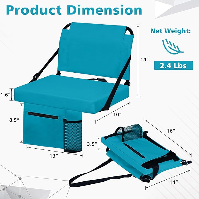 Stadium Seats for Bleachers with Back Support Bleacher Seat Soft Cushion Light Weight Includes Shoulder Strap & Cup Holder, Front & Back Zipper Pocket, Suitable for Sports Events,Cyan