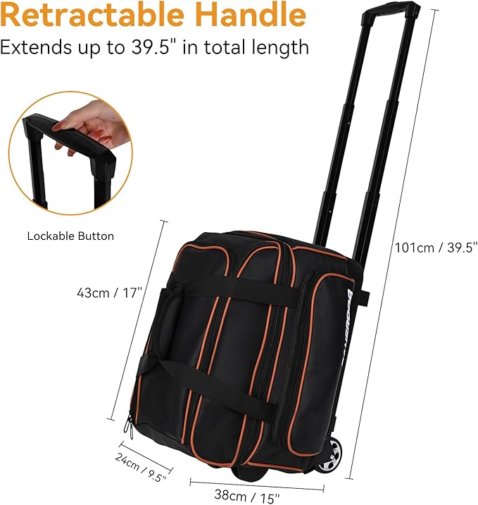 2 Ball Bowling Bag with Wheel,900D Oxford Waterproof PU,Dual Roller Bowling Bag with Sturdy Frame,Large Shoe Compartment Fits Up to Men’s 16,Rolling Bowling Tote, Handle Extends to 39.5"