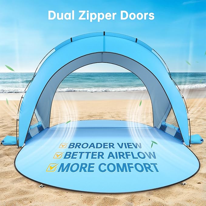 Beach Tent Sun Shelter, Sun Shelter for 1-4 Person, Beach Shade Tent, Beaches Shade with 2 Zippered Doors, Portable Tents for Camping Fishing, Blue