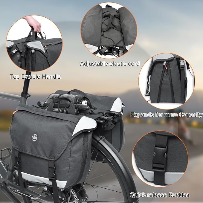 Bike Panniers for Rear Rack, 25L-35L Expandable Double Bicycle Saddle Bag, Water-Resistant Cycling Luggage Pack with Secure Drawstrings & Reflective Trims for Ebike Commuter Grocery Travel