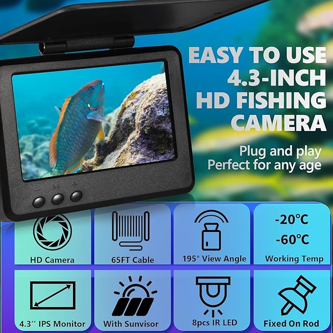 𝟮𝟬𝟮𝟲 𝗡𝗘𝗪 Underwater Fishing Camera 4.3'' IPS 1000TVL w/ 5000mAh, [30°~150° Angle Fin] Ice Fishing Camera Underwater Portable Fish Finder Fishing Gift for Men, IR, Boat and Kayak Fishing, 65FT
