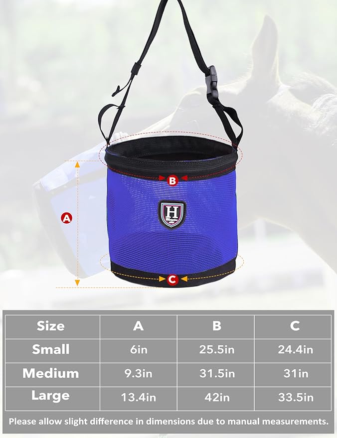 Harrison Howard Horse Muzzle Feed Bag Nylon Mesh Grain Feed Bag with Padded Neck Strap Adjustable Belt Dark Blue Large