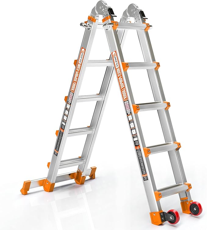 Telescoping A-Frame Ladder- 17FT Folding Extension Ladder with Wheels & Stabilizer Bar, 330lb Security Load Multi Position Ladders for Stairs Home Indoor Outdoor Roof