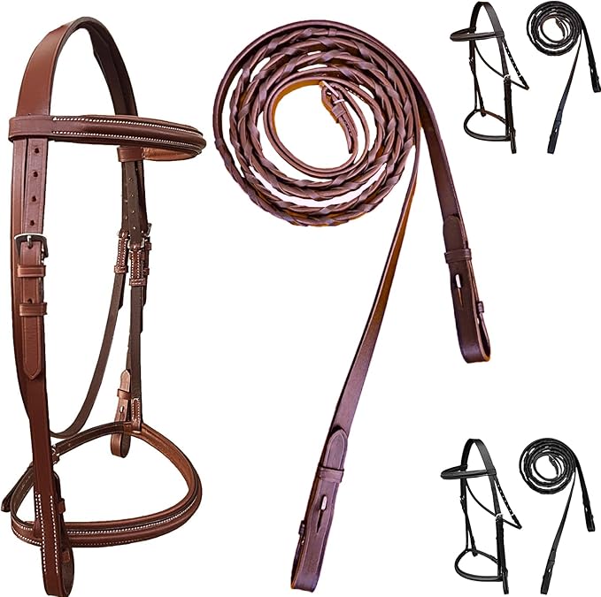 Majestic Ally Padded Raised English Bridle, Premium Leather, Matching Laced Reins