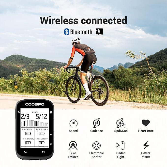 COOSPO CS500 Bike Computer Wireless, 2.6 Inch LCD GPS Cycling Computer with Route Navigation, Bluetooth5.0 ANT GPS Bicycle Speedometer with Auto-Backlight, Support Bike Radar & 45H Battery Life