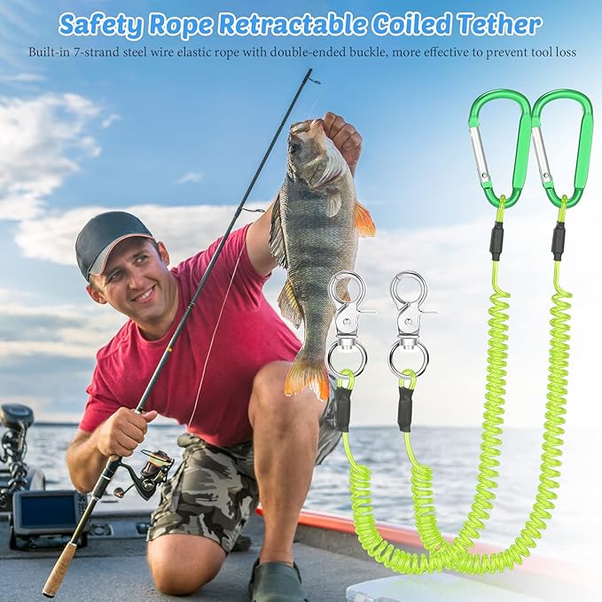 Woanger 6 Pack Fishing Lanyard Steel Wire Coiled Lanyard Tool Lanyards for Hand Tools Kayak Retractable Tool Leash Fishing Rod Safety Lanyards Gear with Alloy Clips for Pliers Boating