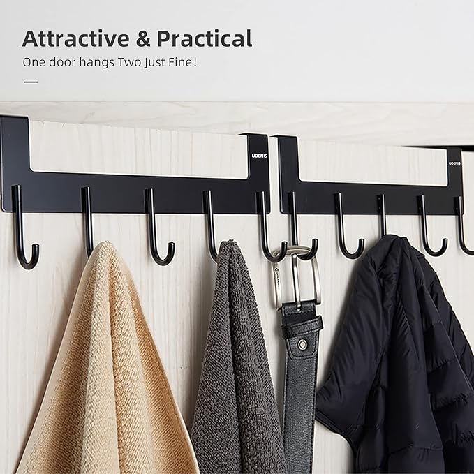 Over The Door Hooks Coat Rack,Over The Door Towel Hanger Drying Rack,Heavy Duty Aluminum Over The Door Towel Rack Hooks for Hanging Coat, Bag, Robe - 5 Hooks Black Color 2 Pack
