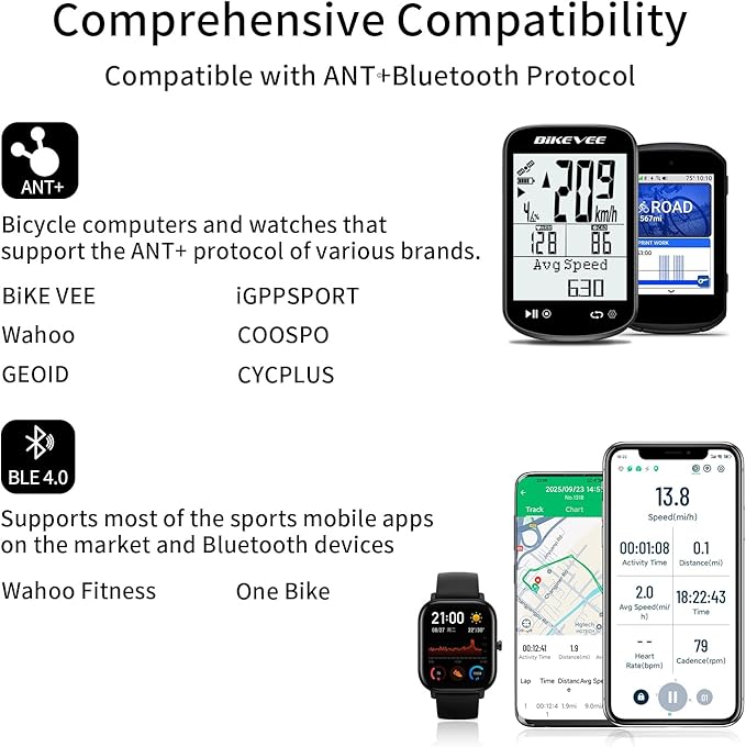 Wireless Bike Computer GPS Bundle, Speedometer & Odometer, Cadence Sensor, Auto Backlight & Auto Stop, IPX7 Waterproof, 2.6" LCD Display
