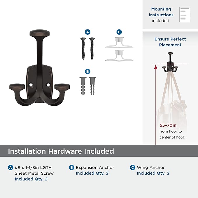 Amerock H37004ORB | Vicinity Triple Prong Decorative Wall Hook | Oil Rubbed Bronze Hook for Coats, Hats, Backpacks, Bags | Hooks for Bathroom, Bedroom, Closet, Entryway, Laundry Room, Office