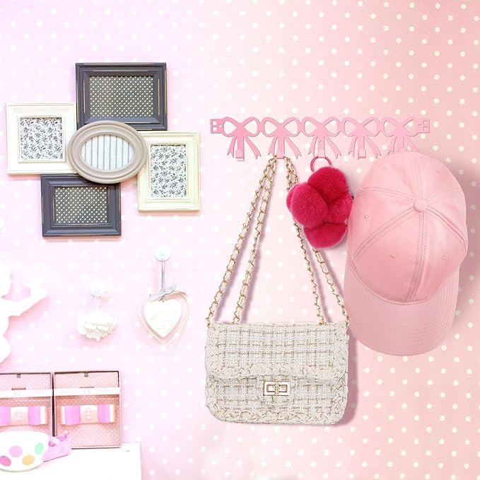 Pink Bow Over The Door Hooks Hanger Wall Mount Towel Hanger Door Holder Organizer 5 Hooks Kawaii Farmhouse Rustic Coquettish Style Decor for Bedroom Bathroom Towel Hat Clothes