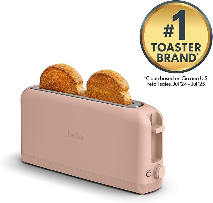 bella 2スライス スリムトースター、どこにでもフィット™キッチンウェア、6段階焼き色調節（再加熱・キャンセルボタン付）、サワードウ対応、10インチロングスロット、パン詰まり防止・自動電源オフ、900W、ブロッサム