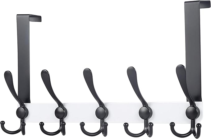 Dseap Over The Door Hook Hanger - Fits 1 3/8" to 1 3/4" Standard Doors | 5 Tri Hooks Heavy Duty Towel/Coat Rack | Door Organizer for Clothes, Jackets, Hats, Towels, White & Black