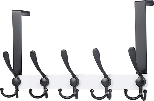 Dseap Over The Door Hook Hanger - Fits 1 3/8" to 1 3/4" Standard Doors | 5 Tri Hooks Heavy Duty Towel/Coat Rack | Door Organizer for Clothes, Jackets, Hats, Towels, White & Black