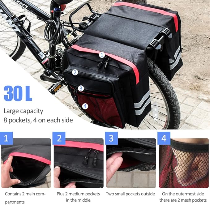 Bike Rear Rack Double Pannier Bag, 30L Waterproof Bicycle Trunk Bag, Bike Pannier Bag with Reflective Trim, for Grocery Shopping Commuter Long Cycling Trip (Red)