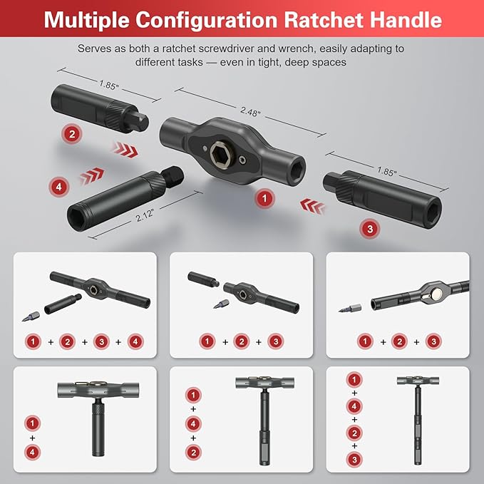 Bomivoi 42 in 1 Magnetic Screwdriver Set, DIY Ratchet Screwdriver Set, Multi Bit Magnetic Drive Set with Detachable Ratchet Handle, Portable Compact Repair Tool Kit for Furniture Computer Bicycle Red