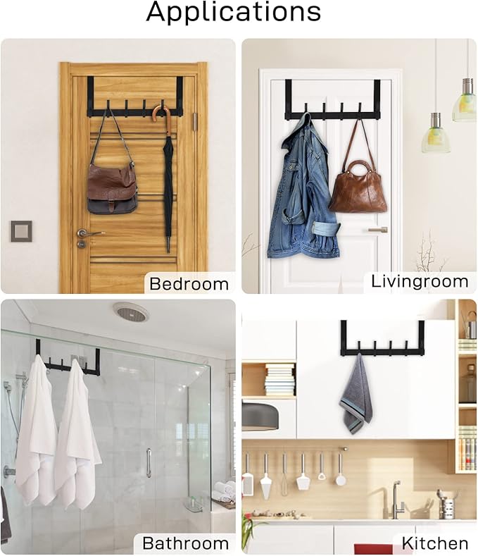 Over The Door Hooks, Door Hanger Hooks for Hanging, Over The Doors Towel Racks for Bathroom with 12 Coat Hook, Coat Rack Bathroom Accessories（2 Pack, Black）