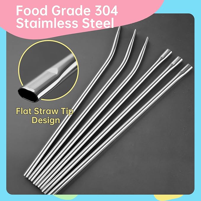 NiHome 6本 12インチ しわ防止フラットチップ再利用可能ステンレス製ストロー スタンレー30オンス40オンスタンブラー用、しわなし金属製ストロー 唇に優しい アイスコーヒー、水用（シルバー、ストレート3本＋カーブ3本）