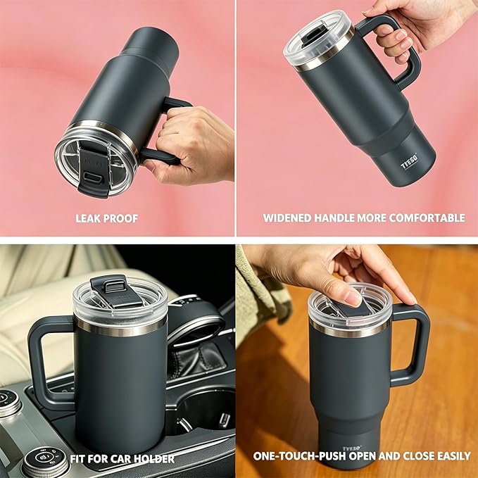 TYESO Vacuum Insulated Tumbler Water Bottle Cold Insulation Stainless Steel Bottle Straw Handle Mug Double Wall Wide Mouth (GRAY, 40 oz)