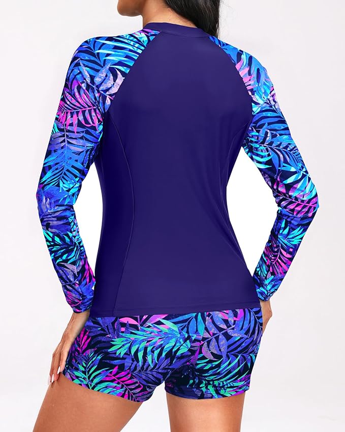 Holipick Long Sleeve Swimsuits for Women - 3 Piece Rash Guard with Shorts Zipper SPF Swim Shirt with Built in Bra