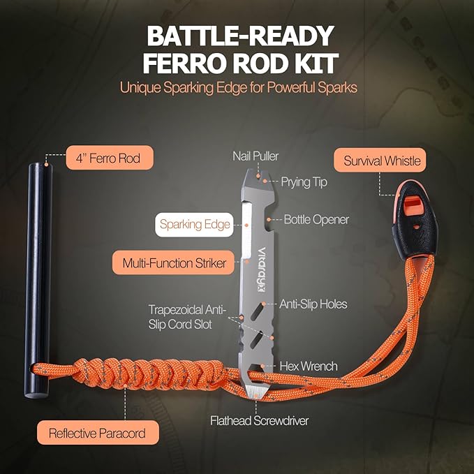Ferro Rod Fire Starter Survival Tool – All-in-One Flint and Steel Fire Starter Kit, Waterproof Firestarter for Camping, Hunting, Bushcraft, Hiking & Emergency Preparedness