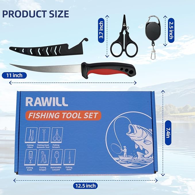 RAWILL Fishing Kit,Filleting Knife,Hook Remover,Fish Grip, Line Cutter,Fishing Scale, Pliers with Lanyards,Not Include Batteries