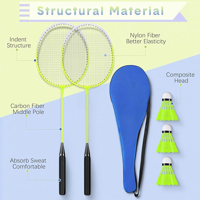 12 Pack Badminton Rackets Set Including Badminton Racquets, Nylon Shuttlecocks and Carry Bag for Outdoor Backyard Games Beginners