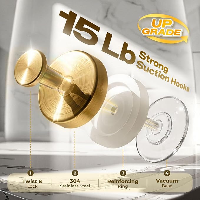 Upgraded Suction Cup Hooks for Shower, Heavy Duty Removable Towel Hooks for Bathroom Glass Door Wall, Stainless Steel Shower Hooks for Towel & Loofah (2 Pack, Gold)