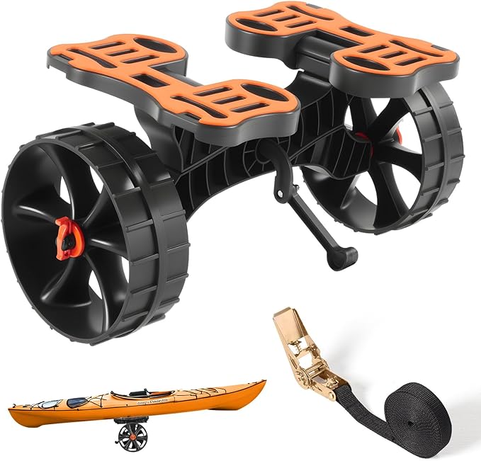 VEVOR 300 lbs Kayak Cart, Foldable Kayak Trolley with 10-inch Solid Rubber Tires & 1 Ratchet Strap, Paddle Board Trolley for Carrying Kayaks, Canoes, Paddleboards, Float Mats, Jon Boats