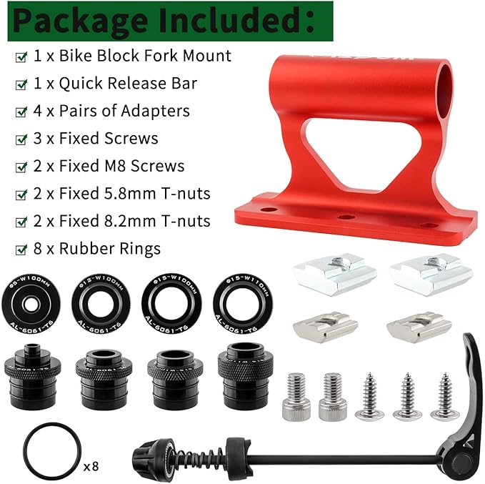 Quick Release Fork Mount, Bike Car Roof Mount Rack Road Bicycle Fork Block Thru Axle Wheel Holder, Truck Bed Fork Mount with Installation Adapters MTB Tire Holder Rack Mount, Red