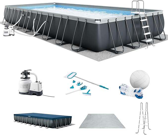 INTEX ウルトラXTR 32ft x 16ft 52インチ 地上設置型プールセット 長方形スイミングプール 砂ポンプ、塩水システム、メンテナンスキット、バレーボールゲーム付き