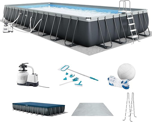 INTEX Ultra XTR 32 ft x 16 ft 52 in Above Ground Pool Set, Rectangular Swimming Pool with Sand Pump, Saltwater System, Maintenance Kit, & Volleyball Game
