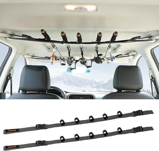 2 Pack Vehicle Fishing Rod Holder for Car, Fishing Pole Car Rack 5 Rods Capacity, Adjustable 30 to 54 Inches Horizontal Car Roof Fishing Pole Storage Carrier Belt for SUV, Truck and Van, Gray