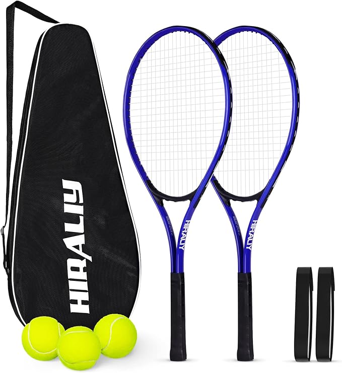 HIRALIY テニスラケット 大人初心者用2本セット - 27インチ 軽量アルミテニスラケットセット ボール3個＆キャリーバッグ付き - 振動吸収性＆ワイドスイートスポット 男女兼用 カップル向け
