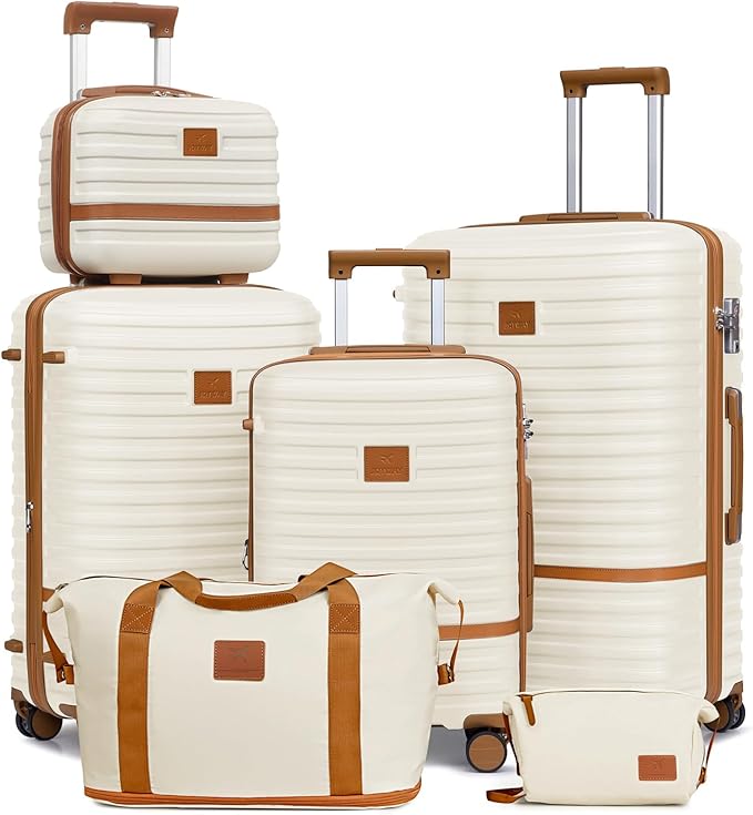 Joyway Luggage Set 3 Piece Suitcase Sets with Spinner Wheel,Hardside Expandable Travel Laggage with TSA Lock (13/20/24/28 White brown