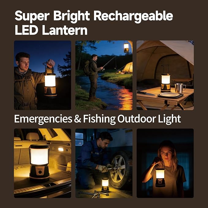 Rechargeable LED Lantern - 3000 Lumens, 5 Light Modes, IP54 Waterproof, 7500mAh Battery, Portable Flashlight for Camping, Hiking, Power Outages & Emergencie (Orange)