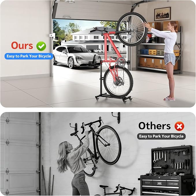 Bike Floor Stand Indoor Bike Stand for Garage/Home,Adjustable Bicycle Parking Stand Fit for 16"-29" Wheel Mini/Mountain/Road Bikes Heavy Duty Metal (Height-adjustable with wheels)