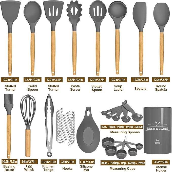 Umite Chef キッチン調理器具33点セット、ノンスティックシリコンヘラセット、ホルダー付き、木製ハンドル、耐熱調理器具（グレー）